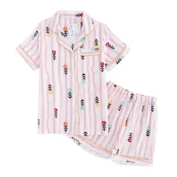 Свежие полосы цветы Шорты пижамные наборы женские пижамы летние рубашка с короткими рукавами 100% марли хлопок корейский Домашняя одежда