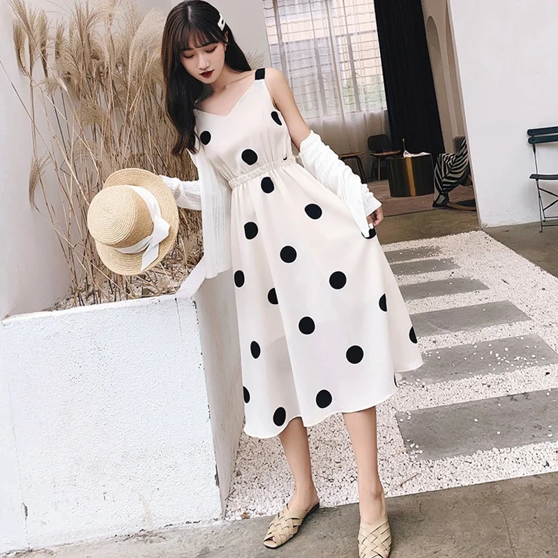 

Sexy Women Maxi Dress Polka-dot Sling Dress Summer V-neck Sexy Backless Chiffon Long Dresses Female