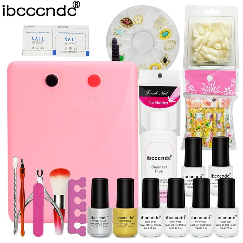 

Nail Art Set Manicure Tools 36W UV Lamp 6 Color 7ml Soak Off Gel Nail Base Gel Top Coat Polish with Remover False Nail Tips Kit
