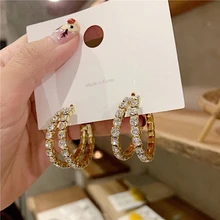 Корейские модные женские серьги-кольца, стразы, двойные круглые, шикарные, С-образные, блестящие, вечерние, ювелирные изделия, подарки для девушек