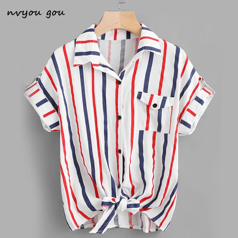 Meilleur Nvyou gou Blanc Floral Broderie Chemisier Femmes Bande À Manches Courtes Top 2018 D été bureau Tournent Vers Le Bas Casual Lâche Chemise
