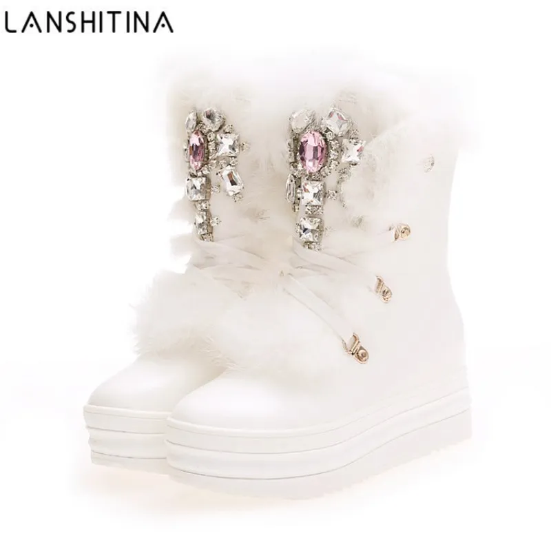Зимние ботинки на натуральном кроличьем меху Стразы теплые ботинки со стразами под бриллианты Женская плотная теплая Высокая обувь Зимние сапоги; Большие размеры 41