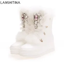 Зимние ботинки на натуральном кроличьем меху Стразы теплые ботинки со стразами под бриллианты Женская плотная теплая Высокая обувь Зимние сапоги; Большие размеры 41