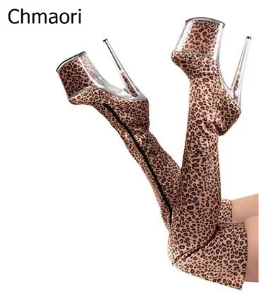 Sexy Leopard Woman long boots 20 cm Platform Heel Over-the-knee Boot Fashion Model Fun Club Party female booties stiletto heel