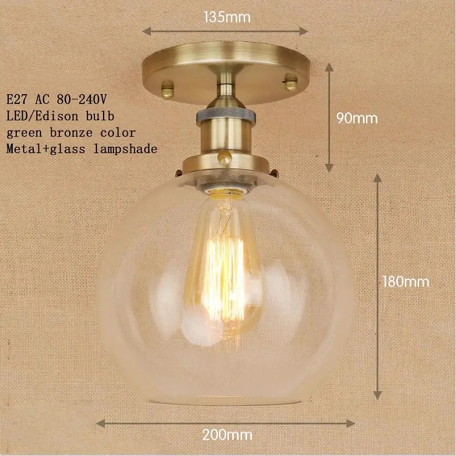 Лофт, винтажный Железный стеклянный абажур, потолочный светильник, светодиодный, E27, AC 110 В, 220 В, современные светильники, плафон, светильник для спальни, гостиной - Цвет корпуса: green bronze