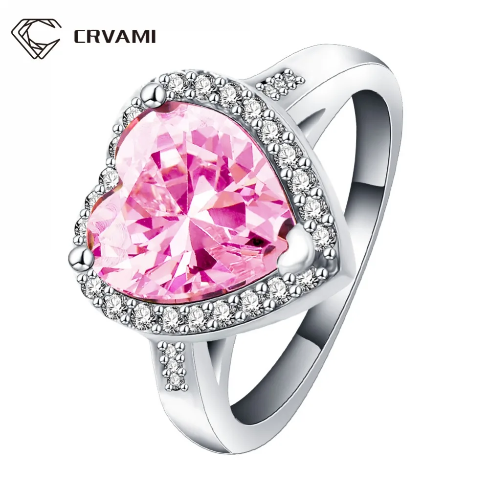CRVAMI Ring, Pink AAA Cubic Zircon Diamond Romantic Love Heart Finger