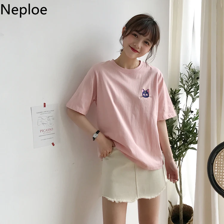 Neploe Сейлор Мун футболка Kawaii Женская летняя Harajuku Ullzang вышивка Женские топы