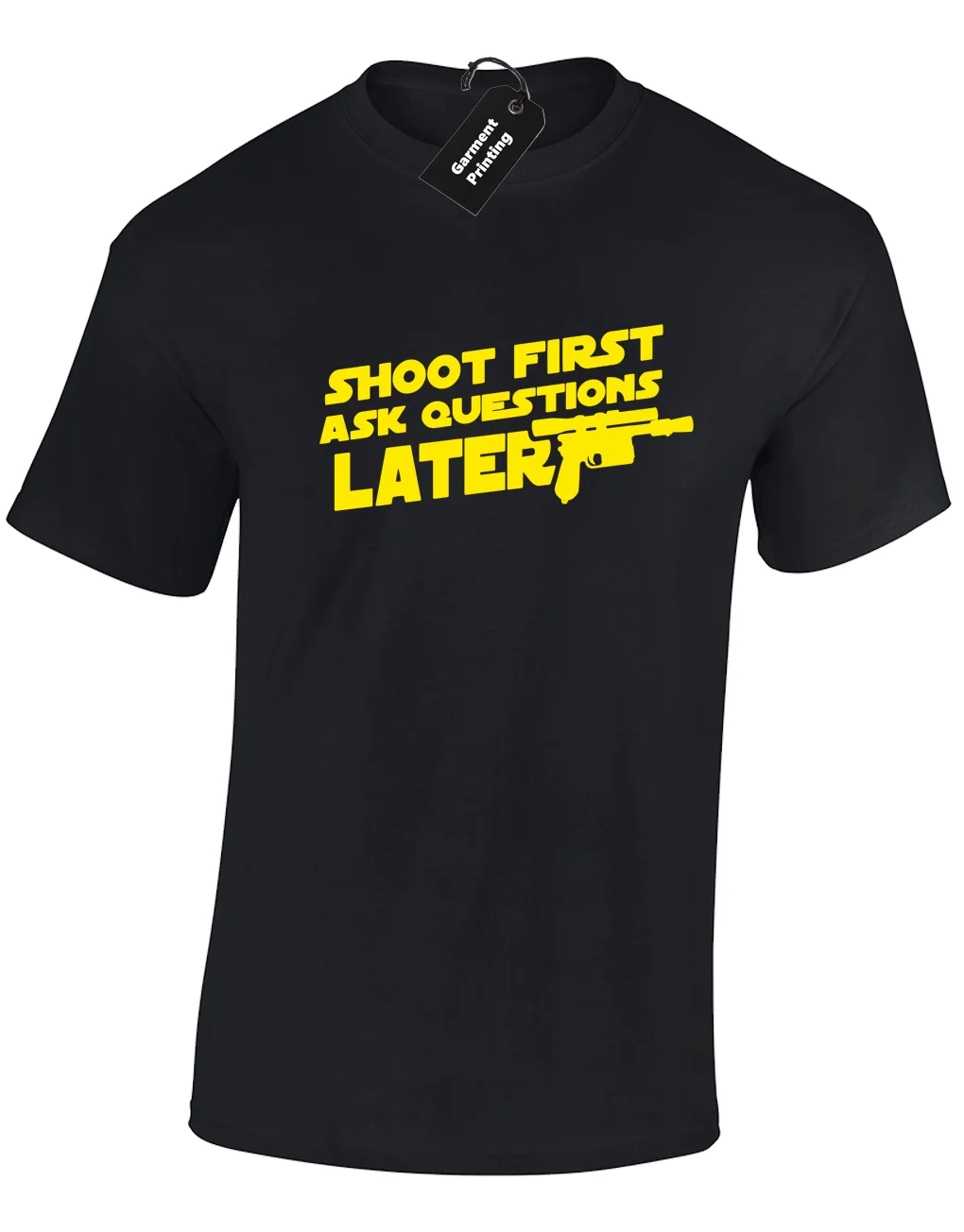 

SHOOT FIRST ASK LATER MENS T SHIRT FUNNY HAN STAR SOLO WARS SKYWALKER JEDI TOP Youth T-Shirts free shipping