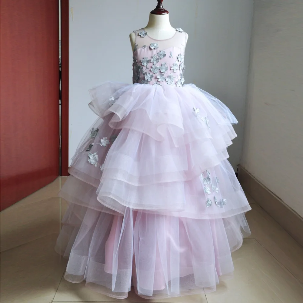 Платья с цветочным узором для девочек, бальное платье с круглым вырезом и аппликацией, пышные платья, платье для причастия на свадьбу, сделанное на заказ, Vestido, платье для игры на фортепиано HW2161