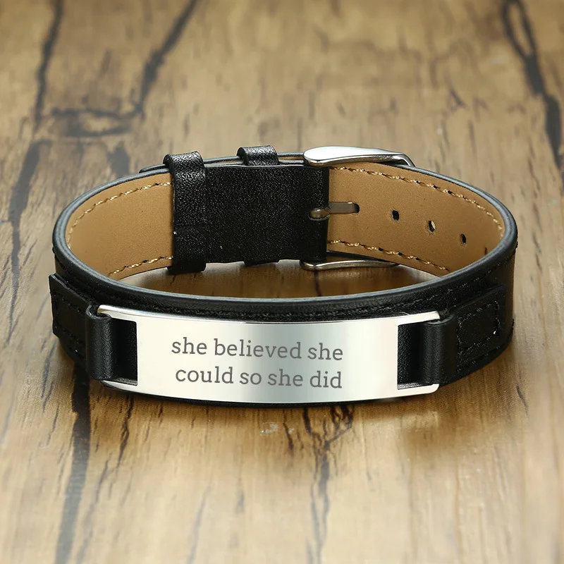 

Men's Custom Coordinates Personalized Metal Steel ID Tag on Leather Bracelet in Black Braslet Men Jewelry 8.5 in Free Engraving