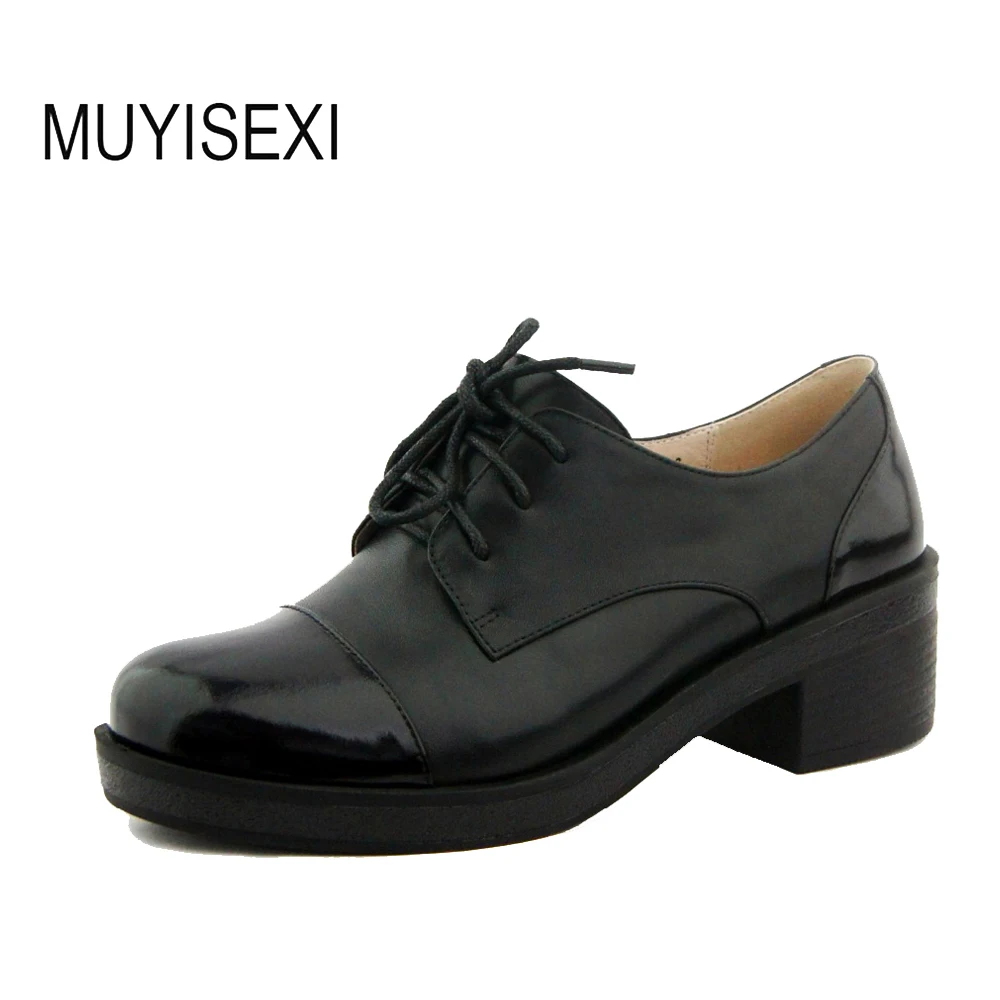 

Full Genuine Leather Shoes Women Low Thick Heels Pumps Lace-up Office Casual Black Soft Shoes Russia Size LID029 MUYISEXI