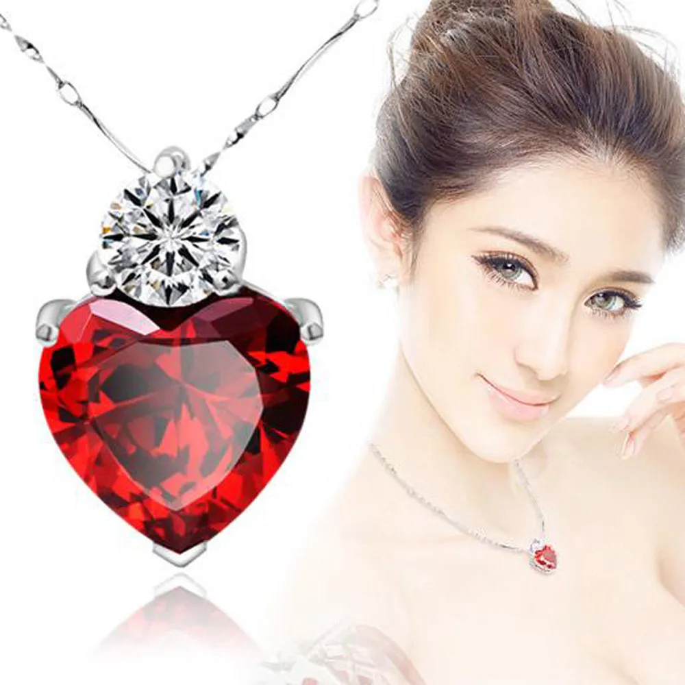 Модное ожерелье с цепочкой женское 925 серебряное красное Гранатовое ожерелье с кристаллом в форме сердца ожерелье на День святого Валентина Женская бижутерия в подарок