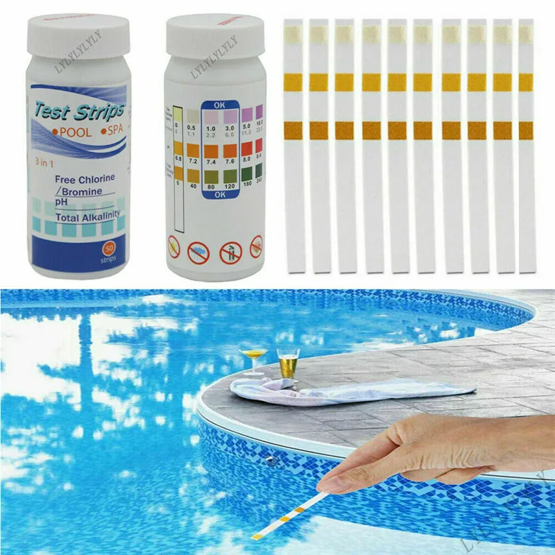 

50Pcs 3 In 1 Swimming Pool Water Quality Bromine Pool Chlorine Bottled PH Alkalinity Multi-use Water Hardness Test Strip Spa
