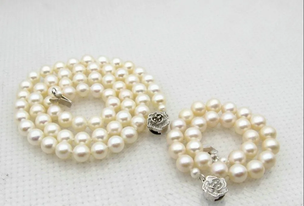 

FREE SHIPPING HOT sell new Style >>>> 7mm White Pearl Jewelry Set Necklace 18" Bracelet 7.5" 925 Silver Flower Clasp