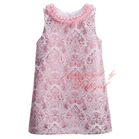 2016 New Custom Sleeveless A-line Floral Pattern Flower Girl Dress With Pearl Tulle Collar For Wholesale Baby Girl Clothes
