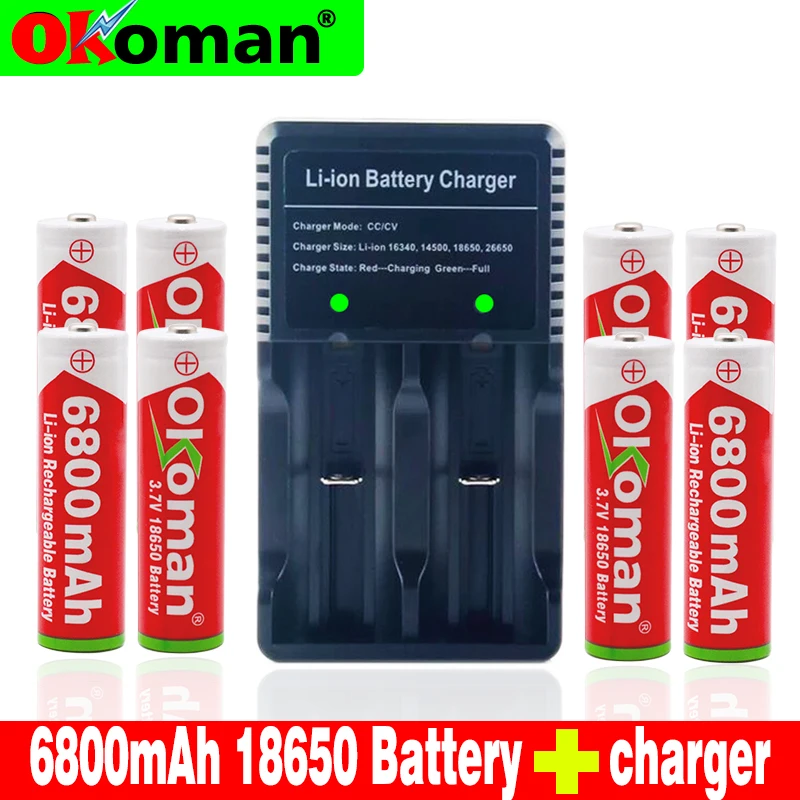 

The New 18650 Battery 3.7V 6800mAh Rechargeable Lithium Ion Battery For Toy LED Flashlight Flash Power Tools + USB Charger
