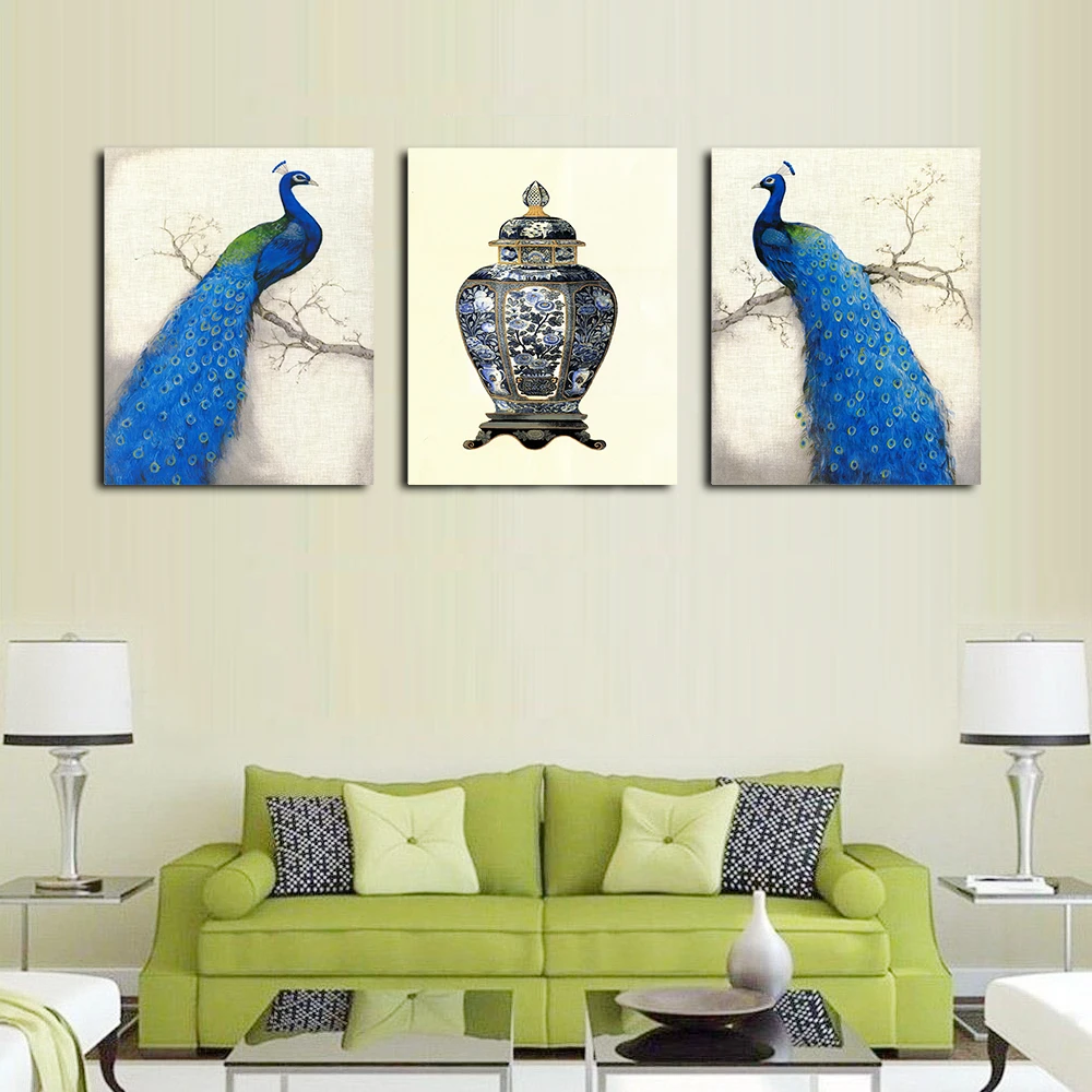 

Blue Peacock Antique Vase HD Modern Canvas Abstract Wall Artwork For Indoor Home Living Room Bedroom Office Decoration No Frame