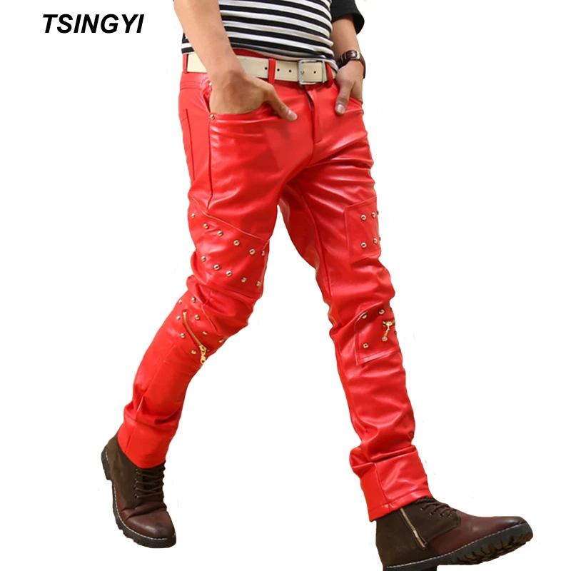 Tsingyi Spring Red Black Rivet Faux Leather Pants Men Skinny Streetwear Motorcycle Pencil Pant
