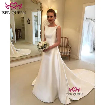 

French Style Lustrous Satin Fashion Scalloped Wedding Dresses Pure White Backless Big Bow Chapel Train Robe de mariée w0536