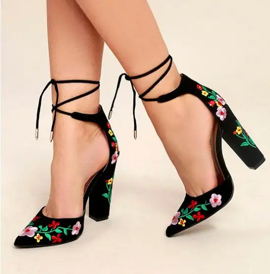 

MONMOIRA Embroider Women Pumps High Heels Lace up Cross-tie Women High Heels Pointed Toe Elegant Ladies Shoes Women SWB0032