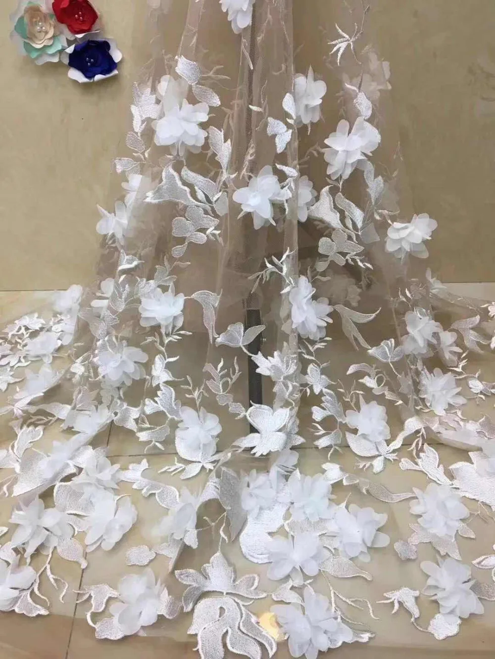 

3D Lace Fabric white Flowers, Bridal Lace Fabric, French Lace Fabric For Haute Couture Dress, Mesh Lace Fabric With 3D Flowers