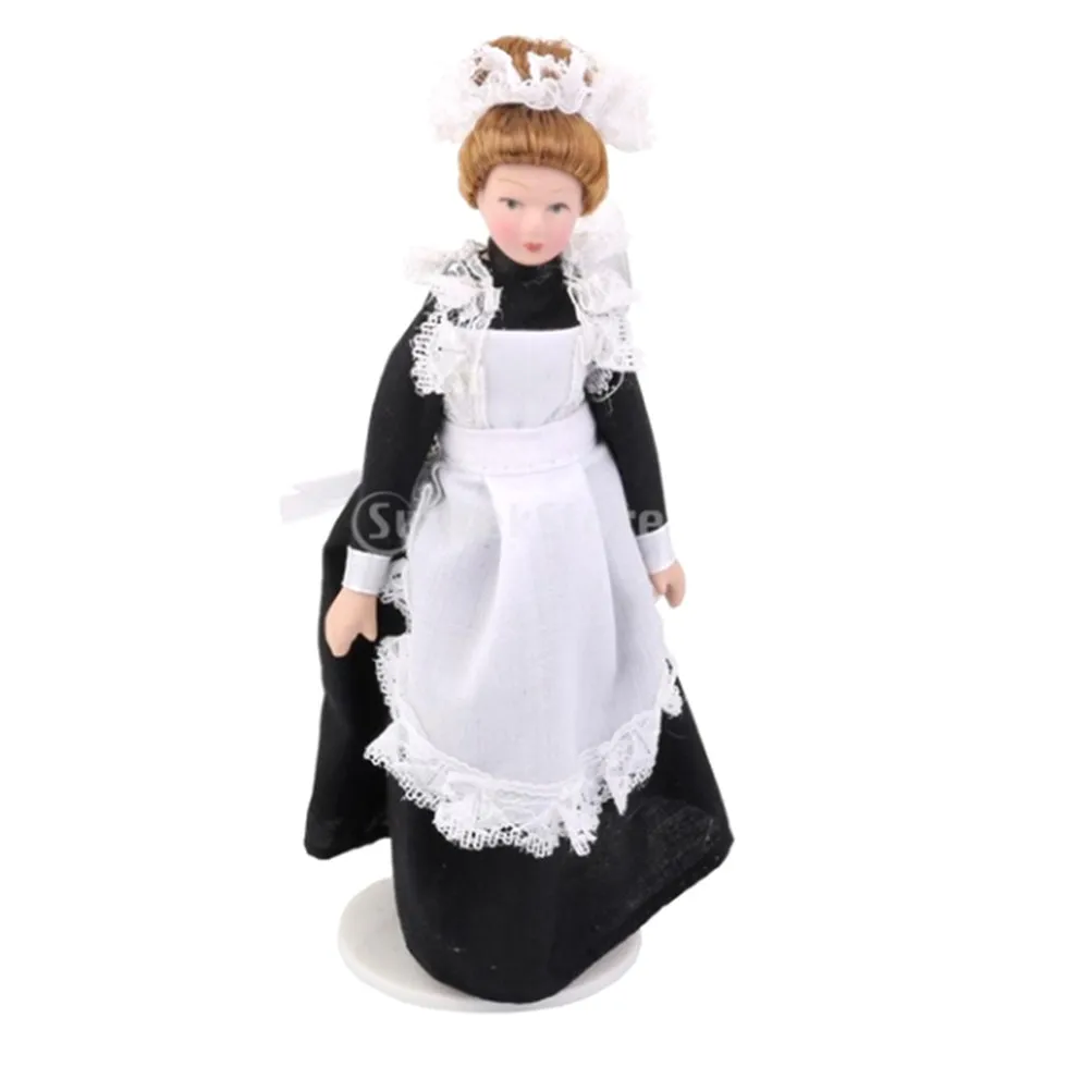 

New 1:12 Cartoon Porcelain Doll Eat to Play Model Western-style Dress Dolls for girl Dollhouse Miniature