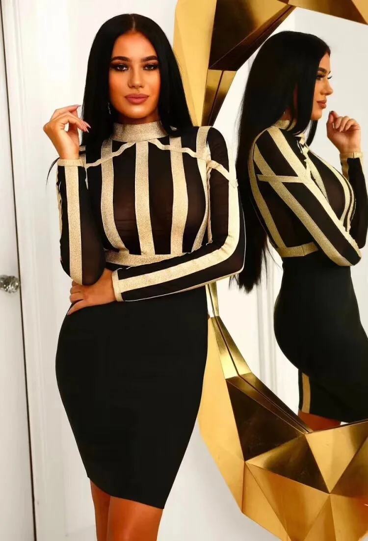 

Womens Elegant Gold Striped Patchwork Mesh Black Vintage Work Business Casual Party Slim Bodycon Pencil Bandage Dress