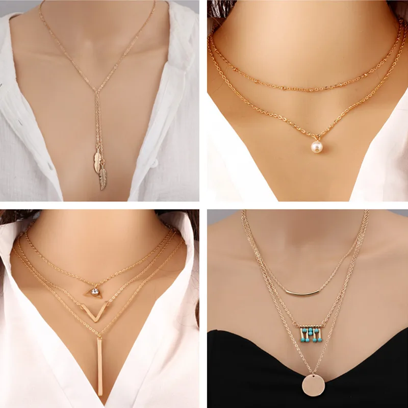 Seblasy Fresh Style Multi-Layer Feather Leaves Moon Hamsa Hand Crystal Chain Pendants Necklaces for Women Valentine's Day Gifts |