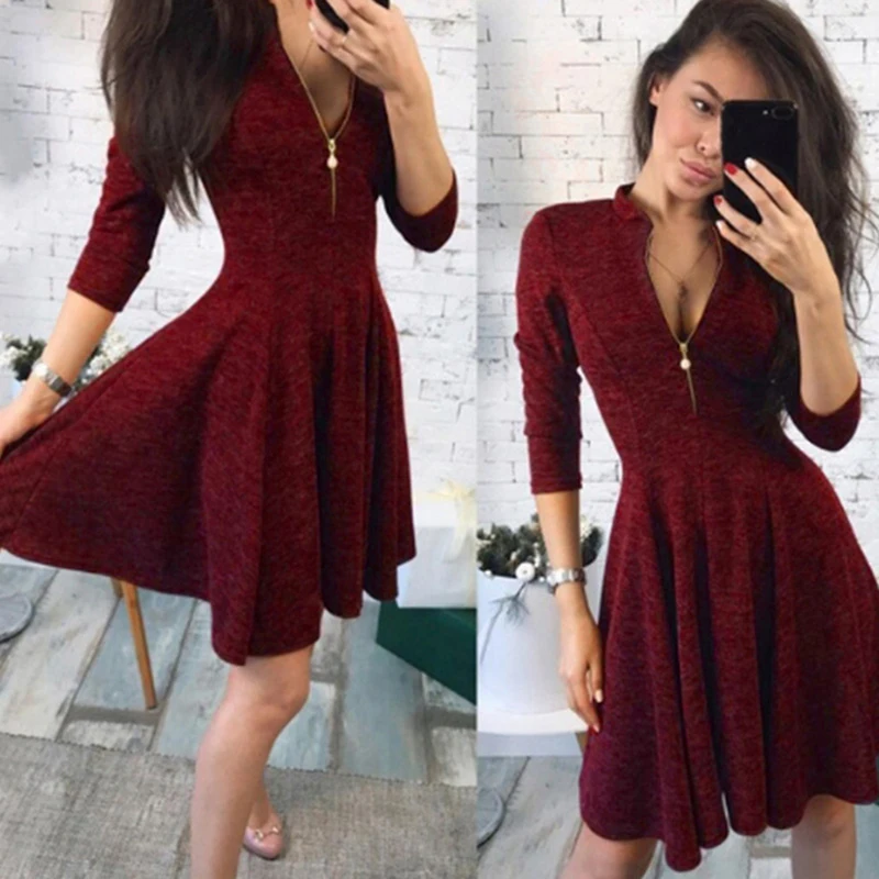 

Women's Pleated Dress Autumn Dress Zipper Fashion Solid Color V-neck 3/4 Sleeve Elegant Party Dress Vestidos