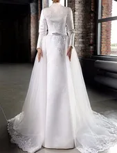 Long Sleeve Muslim Satin Wedding Dress High Neck Applique Bead Detachable Skirt Wedding Dresses Vintage Hijab Vestido De Noiva