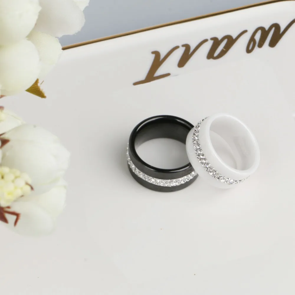 10 мм ширина двухрядные Кристальные женские кольца, бижутерия, гладкие черно-белые керамические кольца из керамического материала, модное обручальное кольцо