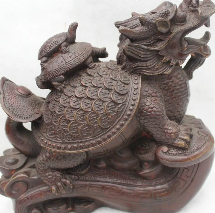 

8"Chinese Home Fengshui Pure Bronze Wealth Dragon Tortoise Turtle & Baby Statue