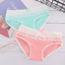 Сексуальное бесшовное хлопковое кружевное нижнее белье с бантом, женские милые трусики с низкой талией, розовые, зеленые, яркие цвета, нижнее белье