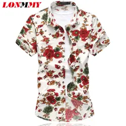 LONMMY 2018 г. летние мужские платье-футболка camisetas Мода цветок мужские рубашки Повседневное цветочный брендовая одежда Короткие рукава M-6XL