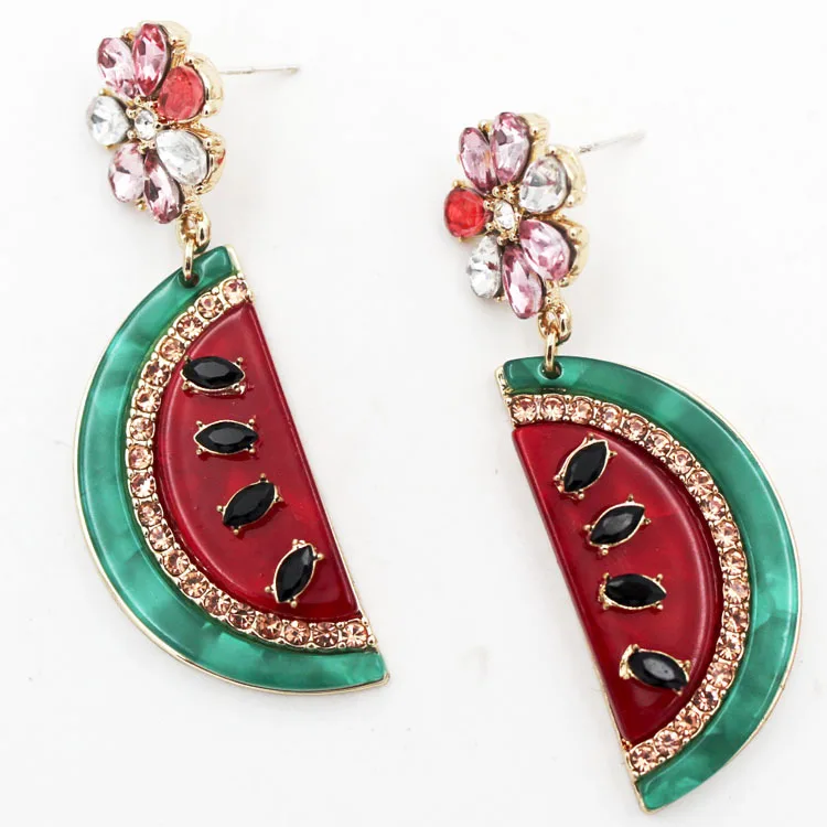 Fashion Exaggerated Earrings Alloy Acetate Plate Watermelon Fruit Stud Crystal High-grade for Women Flowers | Украшения и