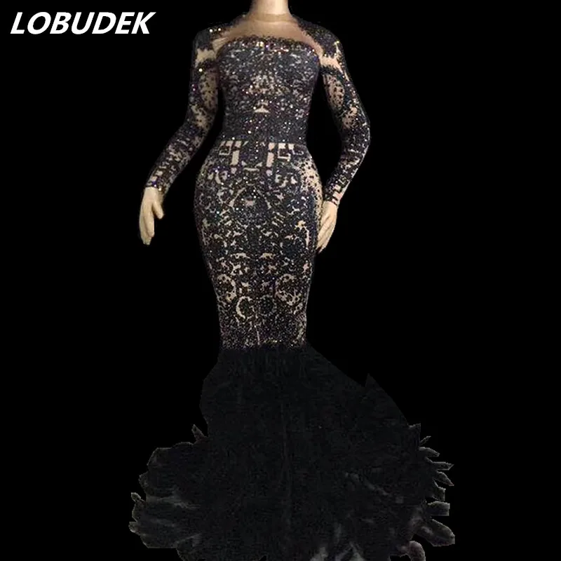 

Female Sparkly Stones Long Sleeve Dress Black Feathers Trailing Dress Nightclub Party Stage Costume Winter Bar Prom DS Clothing