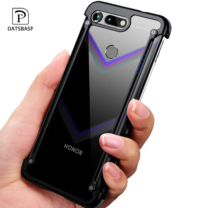 

OATSBASF Luxury Airbag Metal Case with Case For Huawei Honor V20 Case 360 Degree Personality Metal Cover Case