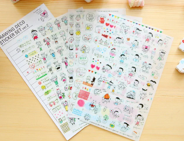 

6pcs drawing deco ver.2 PVC Sticker for DIY Scrapbooking Diary Phone Sticker Products Design Paster kids gift Kawaii Stationary