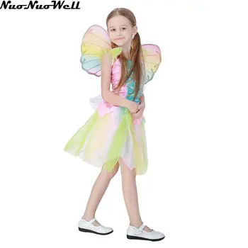 

Children Girls Rainbow Dress with wing Halloween Colorful Insect Elf Skirt Costume in Masquerade Performance Party Show