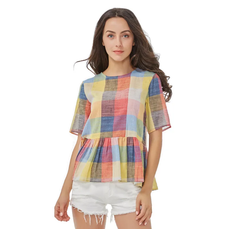 

women sweet colorful plaid shirts back bow tie short sleeve round neck blouse ladies summer casual tops blouses -A33