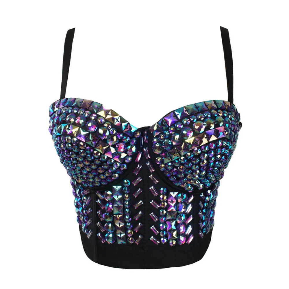 

Cosplay evening Rhinestone Gaga Bustier Pearls Diamond Push Up Night Club Bralette Women's Bra Cropped Top Vest Plus Size party