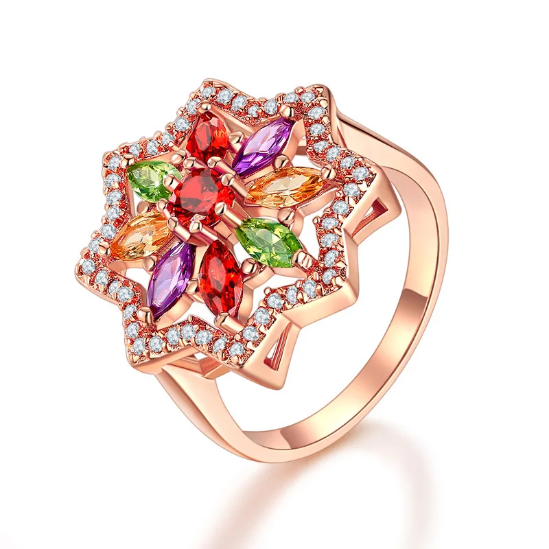 

Multicolor Cubic Zircon Flower Ring Rose Gold Women Wedding Star Rings Fashion Jewelry Austrian Crystal Finger Ring