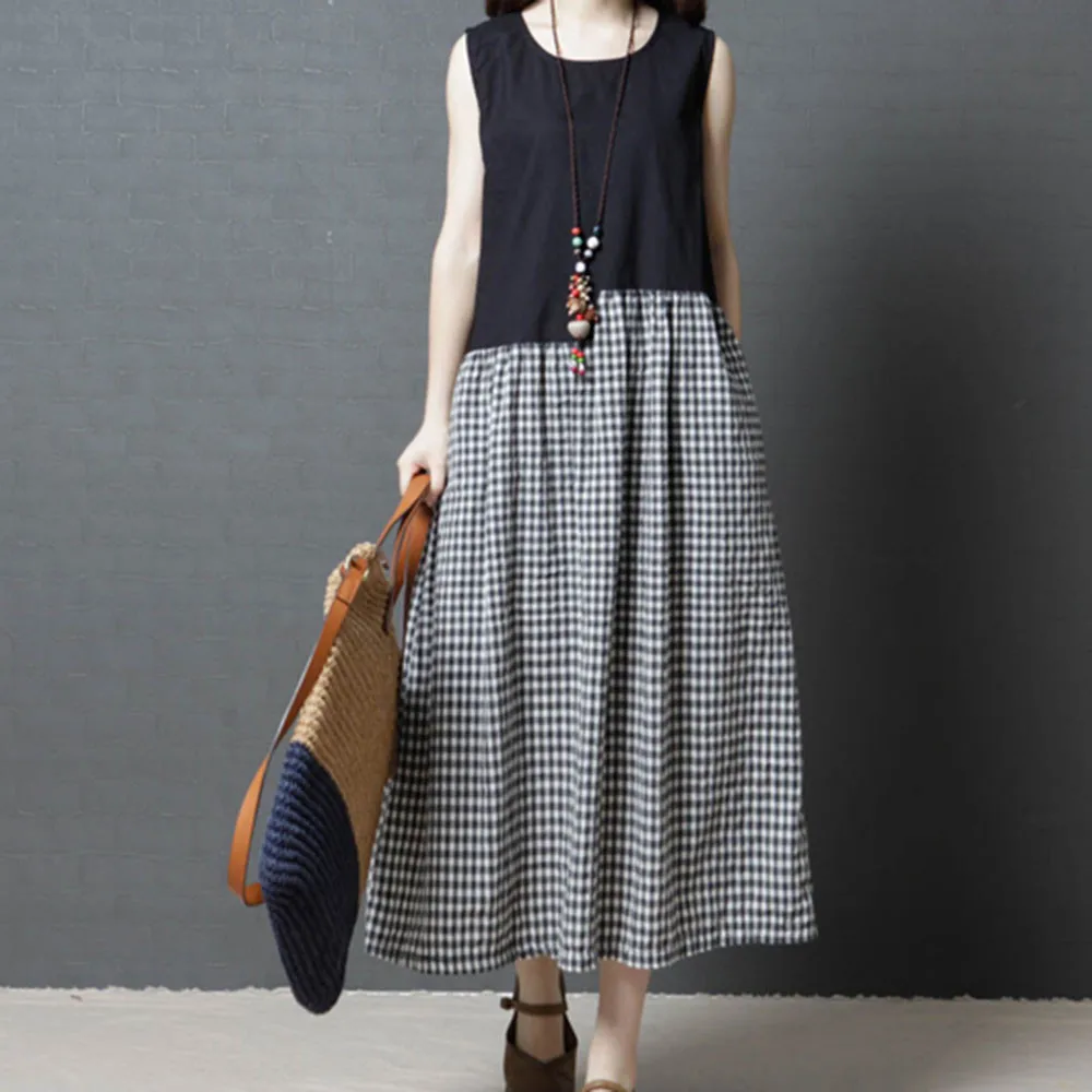 

summer dress women Sleeveless O Neck Plaid Pocket Cotton Linen Loose Bohe Casual Dress Sexy ladies Sundress Female robe femme