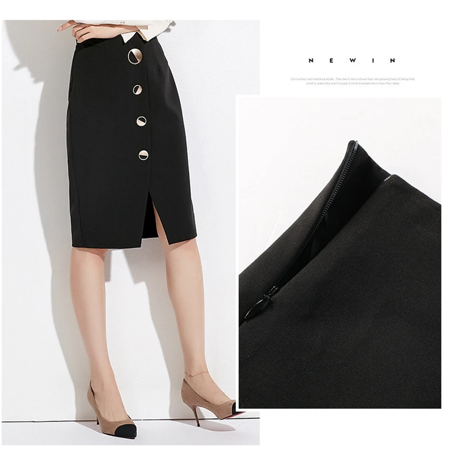 Autumn Winter Women Sexy Skirts High Waist Black Knee-Length Splitting Skirt Office Lady Business Type Wrap Skirt Single Button (12)