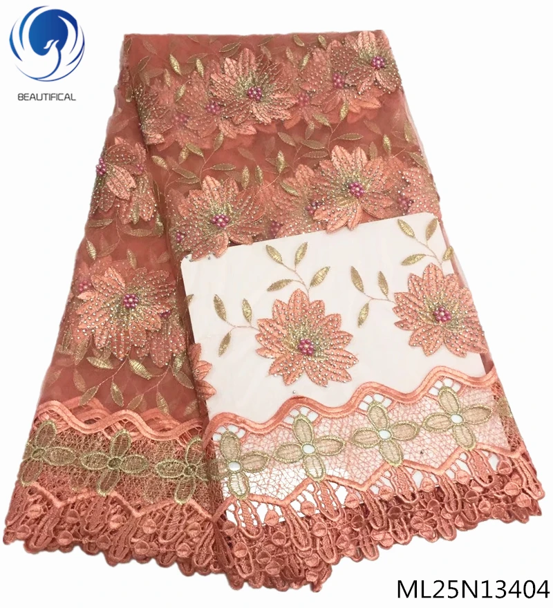 

Beautifical french net laces fabrics with beads 2019 high quality lace fabrics with rhinestones tulle laces 5yards/lot ML25N134
