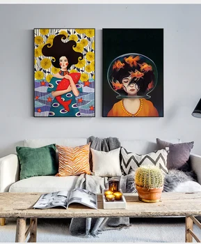 

Canvas prints Painting Cartoon Girl and Fish for Girls bedroom livingroom Nordic style Cuadros Wall Art picture withframed