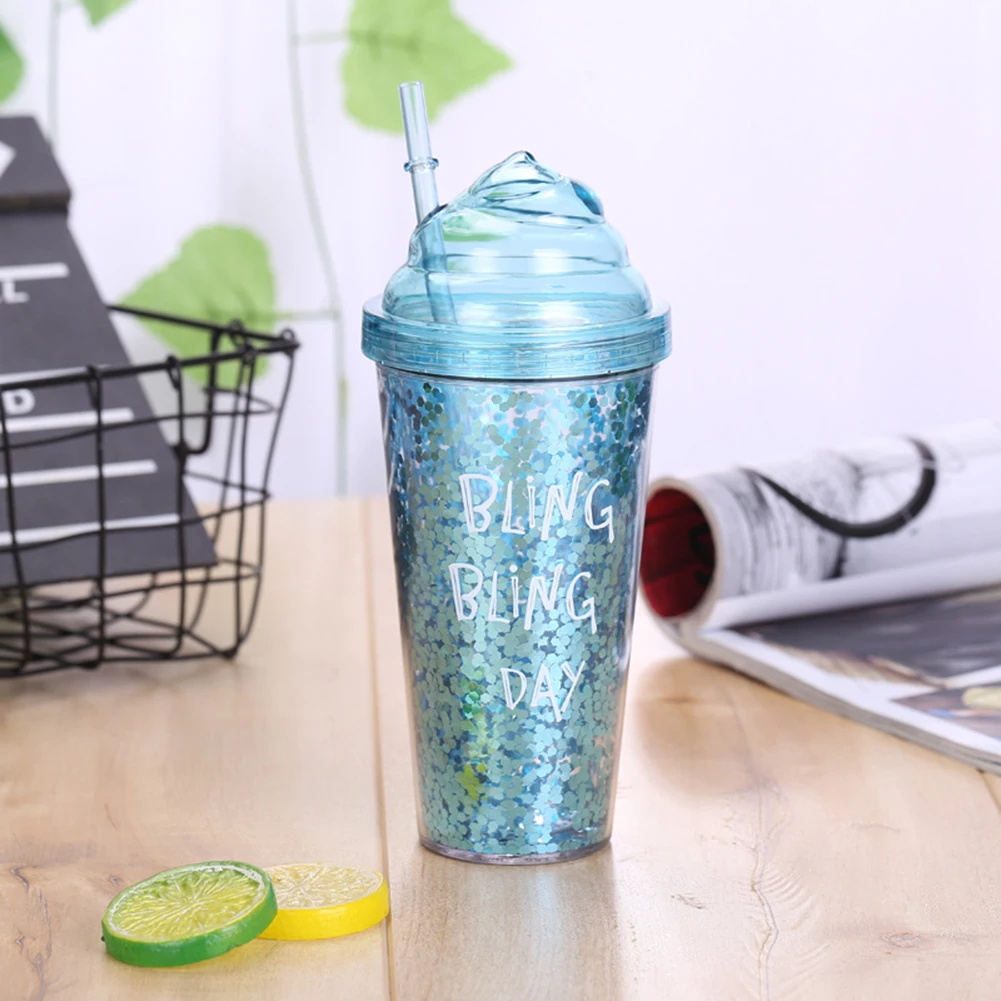Новинка 500 мл блестящая двухслойная пластиковая соломенная бутылка инновационный подарок ледяная кремовая солома бутылка для здорового напитка для улицы