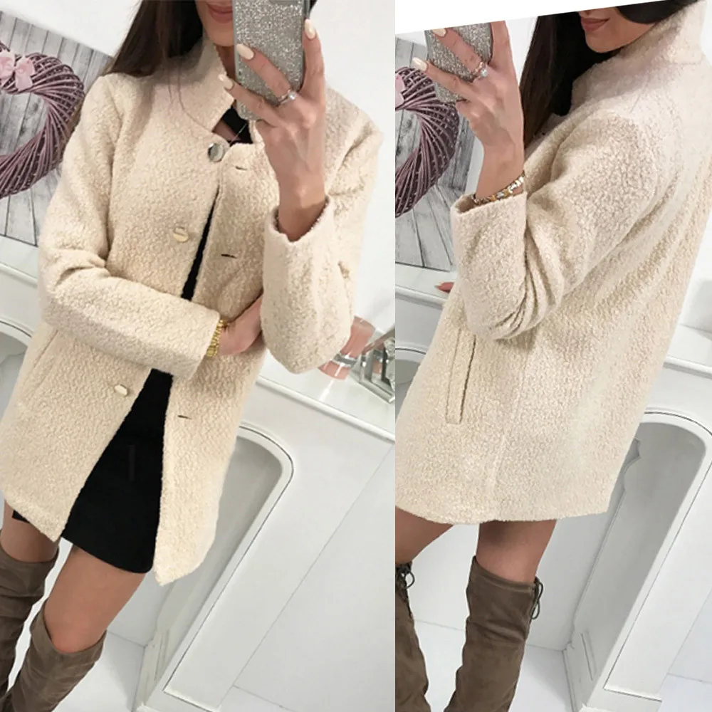 

YOUYEDIAN 2018 Women Winter Solid Single-breasted Notched Fluffy Pocket Jacket Outwear Coat