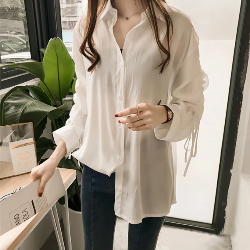 

Women Fashion Solid Color Long Sleeve Blouses blusas mujer de moda Female Drawstring Loose Casual Button-down Blouse Shirt