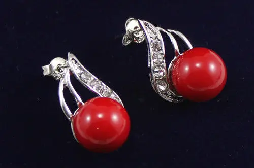 

New! 10mm red sea shell pearl 18KGP stud earring free shipping